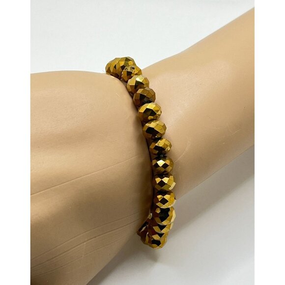 Gold Tone Faceted Bead Stretch Bracelet Vintage Metallic Beads - Picture 5 of 6